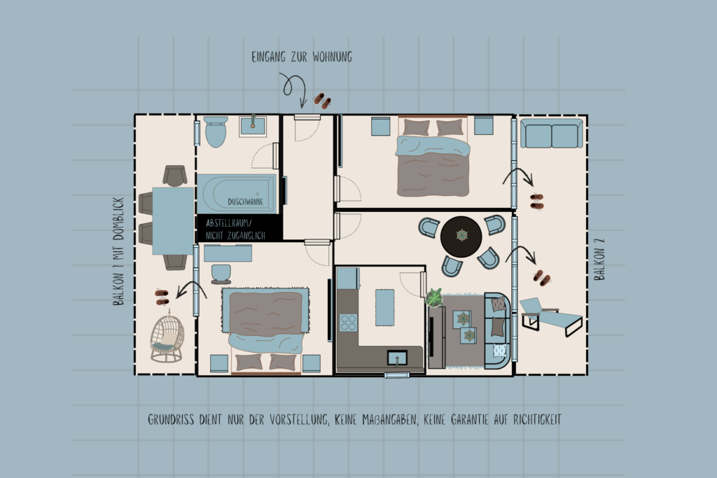 Grundriss der Ferienwohnung mit zwei Balkonen, Schlafzimmer, Wohnbereich, Küche und Bad